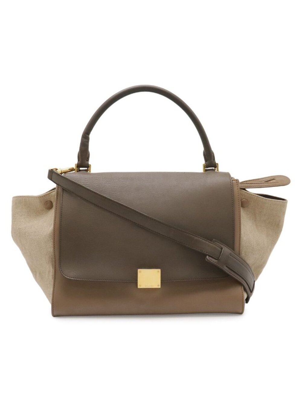 Celine Trapeze Shoulder Bag Leather Canvas Gray Beige Natural